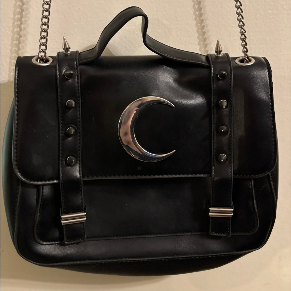 Killstar faux Leather Handbag with Silver Crescent